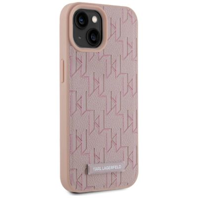 4. Karl Lagerfeld Leder-Monogramm-Metalllogo MagSafe iPhone 15 Hülle - Rosa