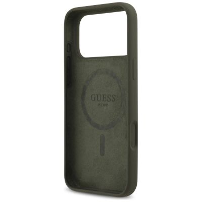7. Guess Silikonhülle mit Dreieck-Logo und MagSafe-Funktion für iPhone 17 Pro Max – Grün