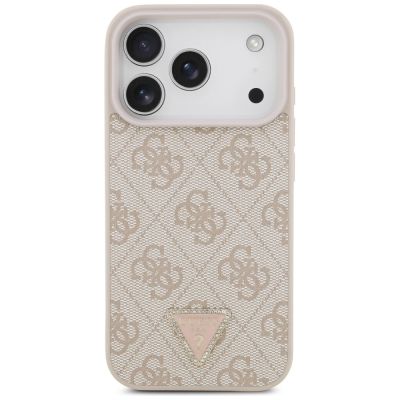 3. Guess Leder 4G Dreieck Strass MagSafe Hülle für iPhone 18 Pro / 17 Pro - Pink