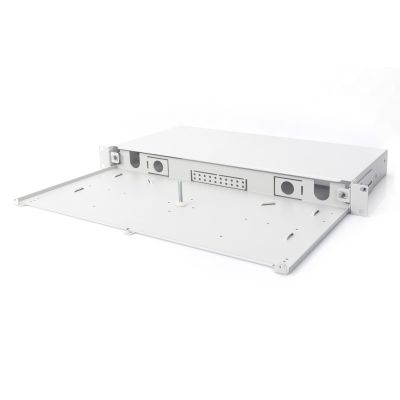 6. 19-Zoll-Patchpanel ohne Frontplatte, 1 HE, verschiebbar, Kabelverschraubungen PG13,5 und PG16, Kabelbinder/Halterungen, grau