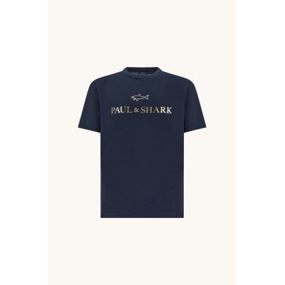 5. Paul&Shark Herren-T-Shirt aus Baumwolle, Marineblau und Gold, 99311007-50E – Klassischer Schnitt, Logo