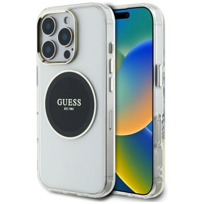 Guess IML Metal Colored Circle Classic Logo MagSafe Hülle für iPhone 16 Pro - Schwarz