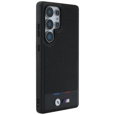 4. BMW Leder Tricolor Stripe MagSafena Samsung Galaxy S25 Ultra Hülle - Schwarz