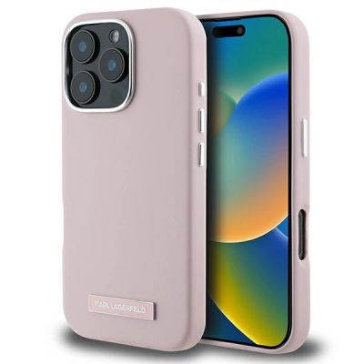 Karl Lagerfeld FW Metal Plate MagSafe Hülle für iPhone 16 Pro – Rosa