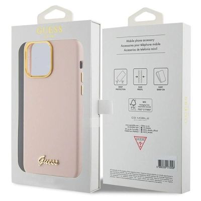 8. Guess Silikon Script Metal Logo & Frame Hülle für iPhone 15 Pro Max – Rosa