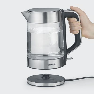 3. Severin Wasserkocher aus Glas und Stahl, 1,7 l, verdecktes Heizelement, Strix-Steuerung, Kabeleinführung, Wasserstandsanzeige, 2200 W, WK3420