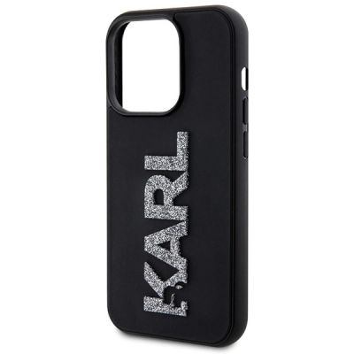 6. Karl Lagerfeld 3D Rubber Glitter Logo Hülle für iPhone 15 Pro Max – Schwarz
