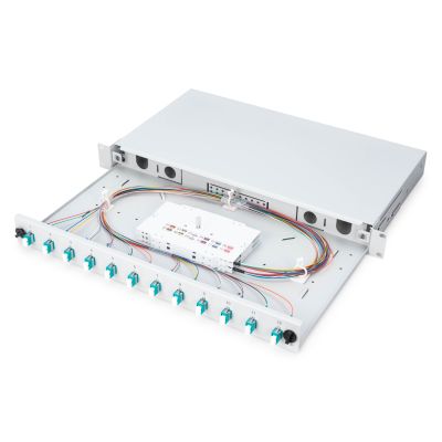 21. FO-Patchpanel mit Ausstattung 19 Zoll 1 HE, 12x LC DX, OM3, Anschlusskabel, Adapter, Einschubfächer, verschiebbar, grau