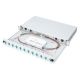 21. FO-Patchpanel mit Ausstattung 19 Zoll 1 HE, 12x LC DX, OM3, Anschlusskabel, Adapter, Einschubfächer, verschiebbar, grau