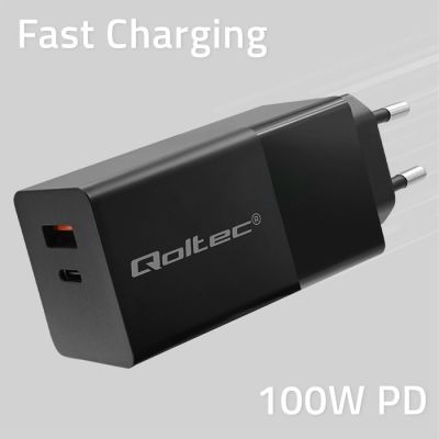QOLTEC GAN POWER PRO LADEGERÄT | 1x USB-C | 1x USB | 100 W | 5–20 V | 1,5–5 A | PD | SCHWARZ