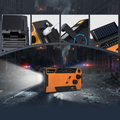 34. Extralink Solar-Notfallradio mit Kurbeldynamo-Powerbank (4000 mAh) und SOS-Taschenlampe SR-4000, tragbar, analog, Schwarz/Orange