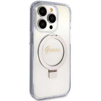 4. Guess Ring Stand Script Glitter MagSafe Hülle für iPhone 15 Pro – transparent