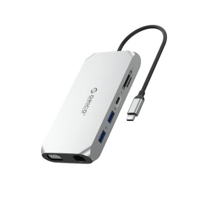 Orico XCR 12-in-1 USB-C Dockingstation mit 2x USB-A 3.1, 1x USB-A 2.0, 1x USB-C PD 100W, 1x USB-C 3.1, 2x HDMI 2.0 4K 60 Hz, 1x VGA 1080p, 1x SD 3.0, 1x microSD 3.0, 1x RJ45 Gigabit Ethernet, 1x Audio, CTIA 3,5 mm – Grau