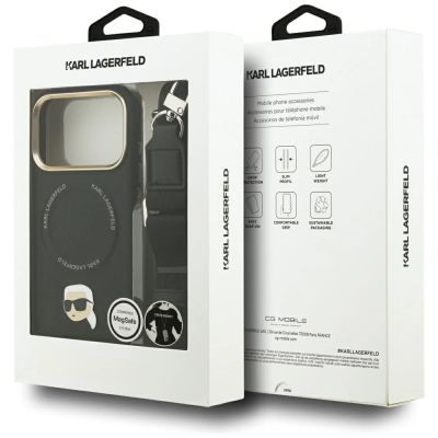 10. Karl Lagerfeld MagSafe Hülle mit großem Riemen und Karl-Metalllogo für iPhone 17 Pro – Schwarz