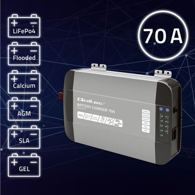 13. Qoltec Monolith 51917 Intelligentes Profi-Ladegerät für LiFePO4-, AGM-, GEL- und SLA-Batterien | 70 A | 12 V | Schnellladung