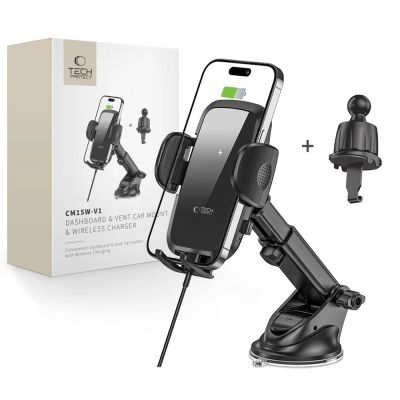 Tech-Protect CM15W-V1 Autotelefonhalter mit 15W induktivem Ladegerät für Cockpit / Lüftungsschlitze – Schwarz