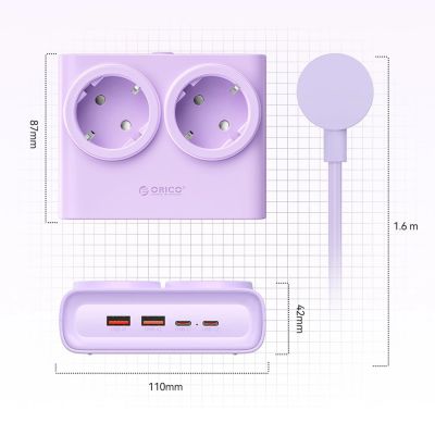 5. Orico PDC25 25W 6-in-1 Steckdosenleiste 2x Netzanschluss + 2x USB-A + 2x USB-C - Lila