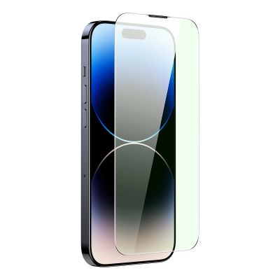 3. Baseus Vollbild-Hartglas für iPhone 14 Pro Max mit Anti-Blaulichtfilter und 0,3-mm-Lautsprecherabdeckung + Montagerahmen