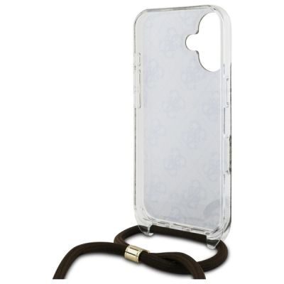 6. Guess Crossbody Cord 4G Print Hülle mit Trageband für iPhone 16 – Braun