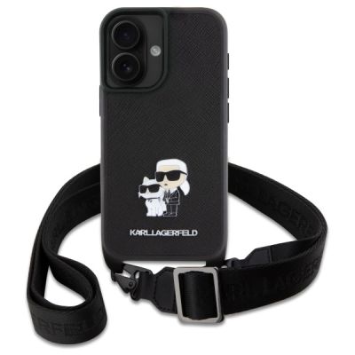 2. Karl Lagerfeld Saffiano Karl&Choupette Metal Pin CBDY Strap Case für iPhone 16 – Schwarz