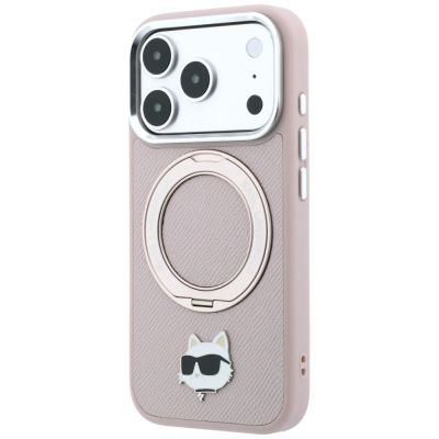 2. Karl Lagerfeld with Ring Stand 360 Choupette Head Pin MagSafe Hülle für iPhone 18 Pro Max / 17 Pro Max – Rosa