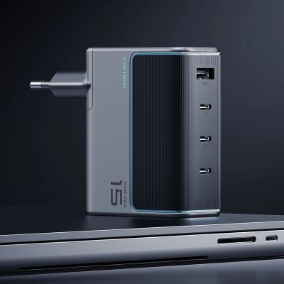3. Cuktech AD1404UEU 140W GaN 3x USB-C + USB-A Wandladegerät mit USB-C-Kabel – Grau