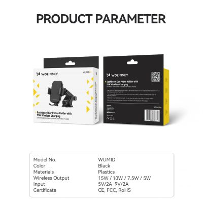 5. Wozinsky WUMID Auto-Armaturenbrett-Telefonhalterung mit 15 W induktivem Ladegerät, Schwarz