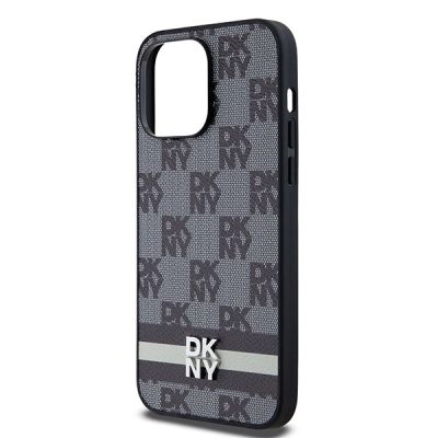 6. DKNY Lederhülle mit kariertem Monomuster und bedruckten Streifen für iPhone 14 Pro Max – Schwarz