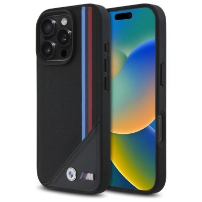 BMW M Meshed Tricolor Stripes MagSafe-Hülle für iPhone 16 Pro Max – Schwarz