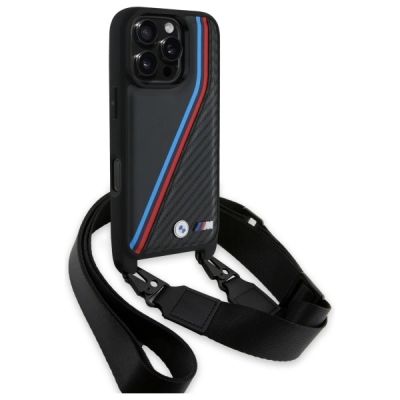 3. BMW M Edition Carbon Tricolor Lines & Strap Hülle für iPhone 16 Pro Max – Schwarz