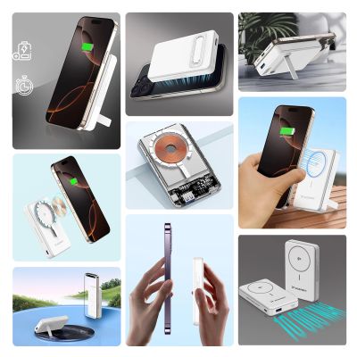 12. Powerbank Wozinsky WLWP-10KA0Y3WS 22,5W PD Qi2 10000 mAh, mit Ständer, 1x USB-A, 1x USB-C - weiß