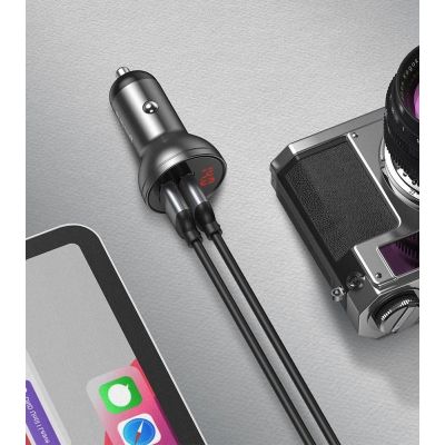 12. Baseus Autoladegerät 2x USB 4,8A 24W mit LCD + 3ins1 Kabel USB - USB Typ C / micro USB / Lightning schwarz (TZCCBX-0G)