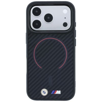 3. BMW M Kevlar MagSafe Hülle mit rotem Printring und Metalllogo für iPhone 18 Pro Max / 17 Pro Max – Schwarz