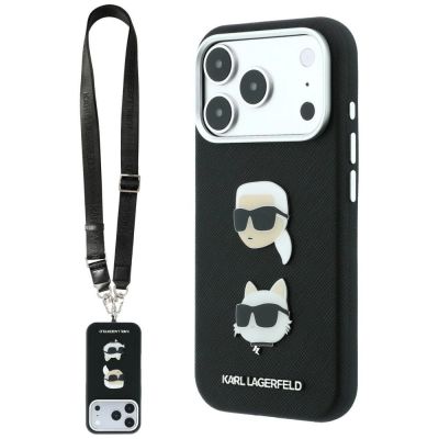 Karl Lagerfeld Saffiano Karl&Choupette Heads Pins Strap Logo Case für iPhone 18 Pro / 17 Pro - Schwarz
