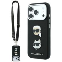 Karl Lagerfeld Saffiano Karl&Choupette Heads Pins Strap Logo Case für iPhone 18 Pro / 17 Pro - Schwarz