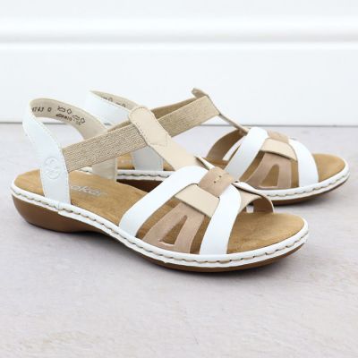 3. Bequeme Damen-Sandalen zum Hineinschlüpfen mit elastischen Riemen, weiß, Rieker 65918-81