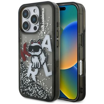 Karl Lagerfeld Liquid Glitter Choupette Logo Hülle für iPhone 16 Pro - Schwarz