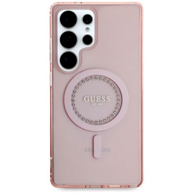 3. Guess Strass bedrucktes klassisches Logo MagSafe Samsung Galaxy S25 Ultra Hülle rosa