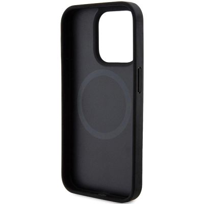 7. DKNY MagSafe Lederhülle mit bedrucktem Muster und Metalllogo für iPhone 15 Pro – Schwarz