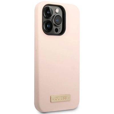 4. Guess Silikon-Logo-Platte MagSafe Hülle für iPhone 14 Pro – Pink
