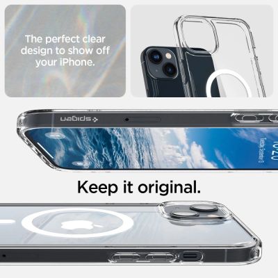 6. Spigen Ultra Hybrid Mag-Hülle mit MagSafe für iPhone 14 – transparent und weiß