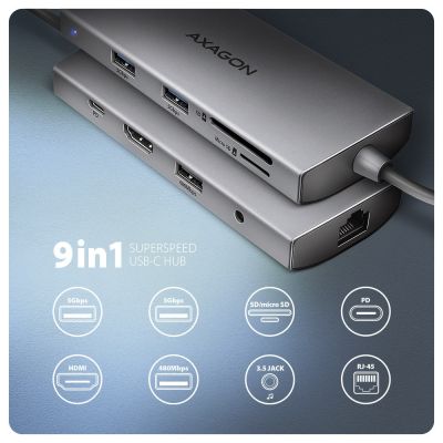 2. AXAGON HMC-8HLSA Multiport-Hub USB-C 3.2 Gen 1, 3x USB-A + 4K/60Hz HDMI + SD/microSD, Gigabit-LAN, Audio, PD 100W - Silber