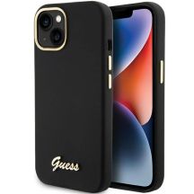 Guess Silikon Script Metal Logo & Frame Hülle für iPhone 15 – Schwarz