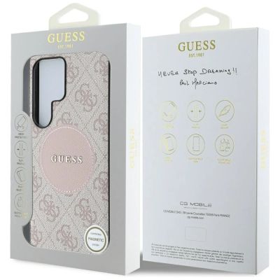 8. Guess 4G Round Patch Classic Logo MagSafe Hülle für Samsung Galaxy S25 Ultra Pink