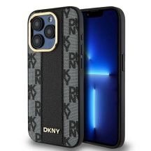 DKNY Leder-MagSafe-Hülle mit kariertem Monomuster für iPhone 15 Pro Max – Schwarz