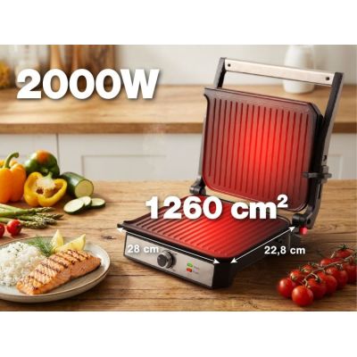 7. ELDOM KONTAKTGRILL GK200 2000W, TEMPERATURREGELUNG, ZWEI FETTBEHÄLTER, PLATTEN MIT ANTIHAFTBESCHICHTUNG