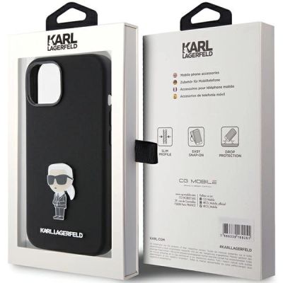 8. Karl Lagerfeld Silikon Ikonik Metal Pin Hülle für iPhone 15 Plus / 14 Plus – Schwarz