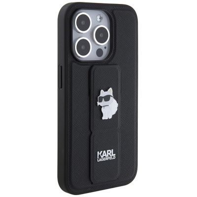 4. Karl Lagerfeld Gripstand Saffiano Choupette Pins Hülle für iPhone 14 Pro – Schwarz