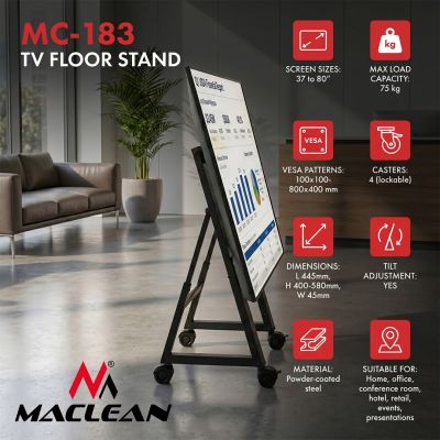 2. Maclean TV-Trolley/Bodenständer, 37–80 Zoll, max. VESA 800x400, max. 75 kg, mobil, mit Radfeststellbremse, MC-183