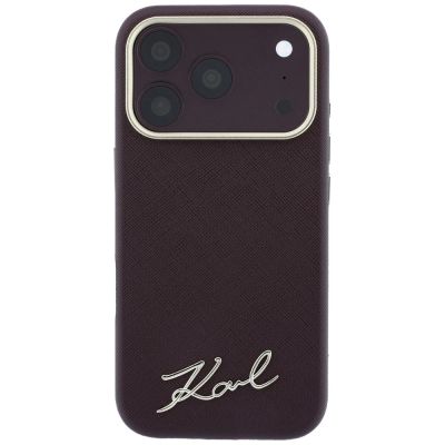 3. Karl Lagerfeld Saffiano MagSafe-Hülle mit kleinem Schriftzug und Metalllogo für iPhone 17 Pro / 18 Pro – bordeauxrot